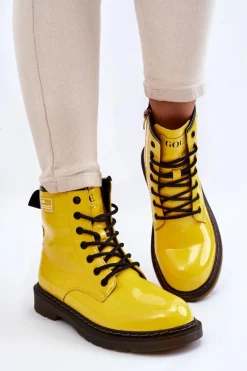 Botki Sznurowane|Botki Płaskie></noscript>GOE Damskie Lakierowane Botki Ocieplane II2N4054 Żółte