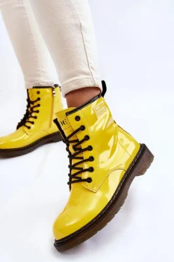 Botki Sznurowane|Botki Płaskie></noscript>GOE Damskie Lakierowane Botki Ocieplane II2N4054 Żółte