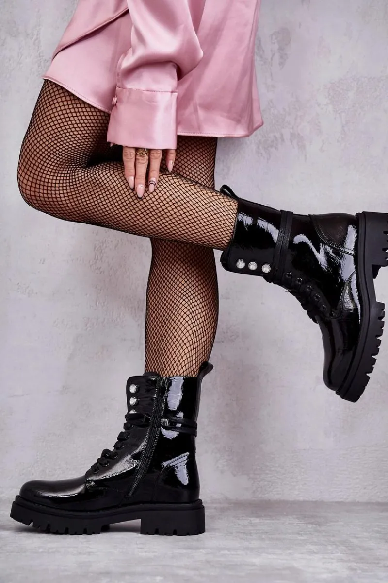 Botki Sznurowane|Czarne Botki>Evento Damskie Lakierowane Botki Workery Z Ozdobami Czarne Gesine