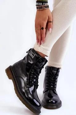 Hot GOE Damskie Lakierowane Botki Ocieplane II2N4050 Czarne