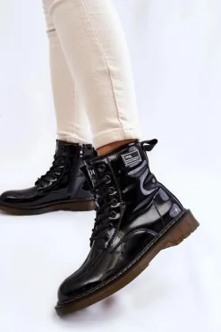 Hot GOE Damskie Lakierowane Botki Ocieplane II2N4050 Czarne