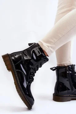 Hot GOE Damskie Lakierowane Botki Ocieplane II2N4050 Czarne