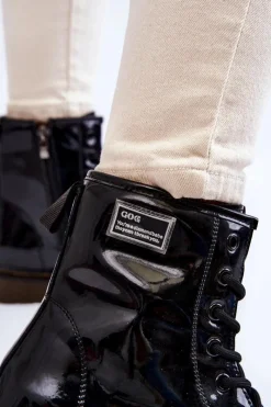 Hot GOE Damskie Lakierowane Botki Ocieplane II2N4050 Czarne