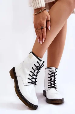 Hot Damskie Lakierowane Botki Ocieplane II2N4051 Białe Damskie Botki Sznurowane|Botki Płaskie