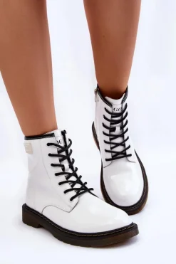 Hot Damskie Lakierowane Botki Ocieplane II2N4051 Białe Damskie Botki Sznurowane|Botki Płaskie