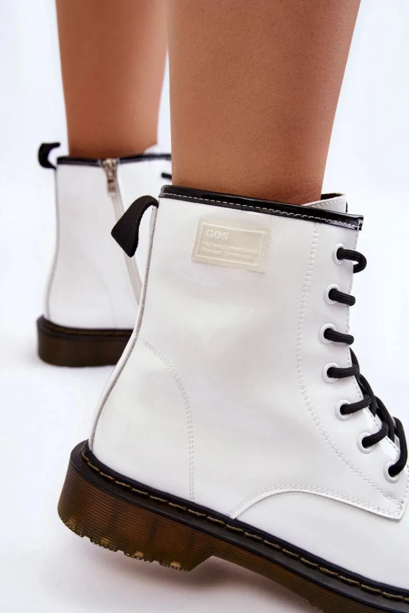 Hot Damskie Lakierowane Botki Ocieplane II2N4051 Białe Damskie Botki Sznurowane|Botki Płaskie