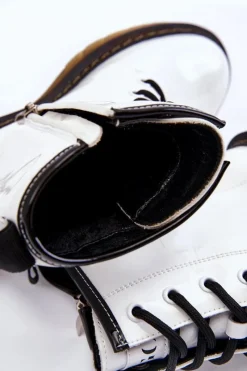 Hot Damskie Lakierowane Botki Ocieplane II2N4051 Białe Damskie Botki Sznurowane|Botki Płaskie