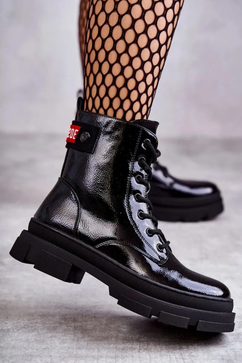 Sale Damskie buty S.Barski Damskie Lakierowane Botki Workery Sznurowane Czarne Conny