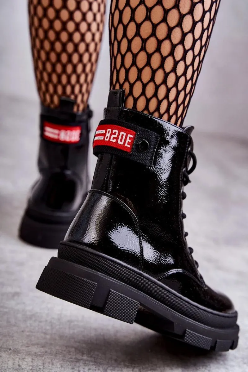 Sale Damskie buty S.Barski Damskie Lakierowane Botki Workery Sznurowane Czarne Conny