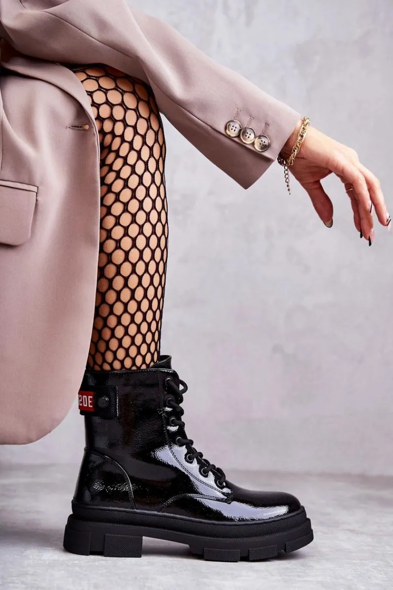 Sale Damskie buty S.Barski Damskie Lakierowane Botki Workery Sznurowane Czarne Conny