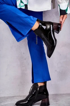 Damskie Lakierowane Botki Z Suwakami Czarne Cristel Damskie Botki Na Słupku|Czarne Botki