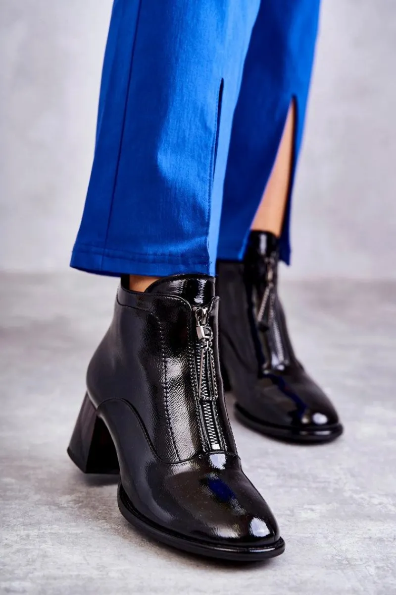 Damskie Lakierowane Botki Z Suwakami Czarne Cristel Damskie Botki Na Słupku|Czarne Botki