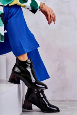 Damskie Lakierowane Botki Z Suwakami Czarne Cristel Damskie Botki Na Słupku|Czarne Botki