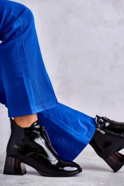 Damskie Lakierowane Botki Z Suwakami Czarne Cristel Damskie Botki Na Słupku|Czarne Botki