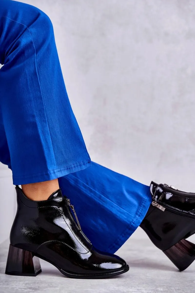 Damskie Lakierowane Botki Z Suwakami Czarne Cristel Damskie Botki Na Słupku|Czarne Botki