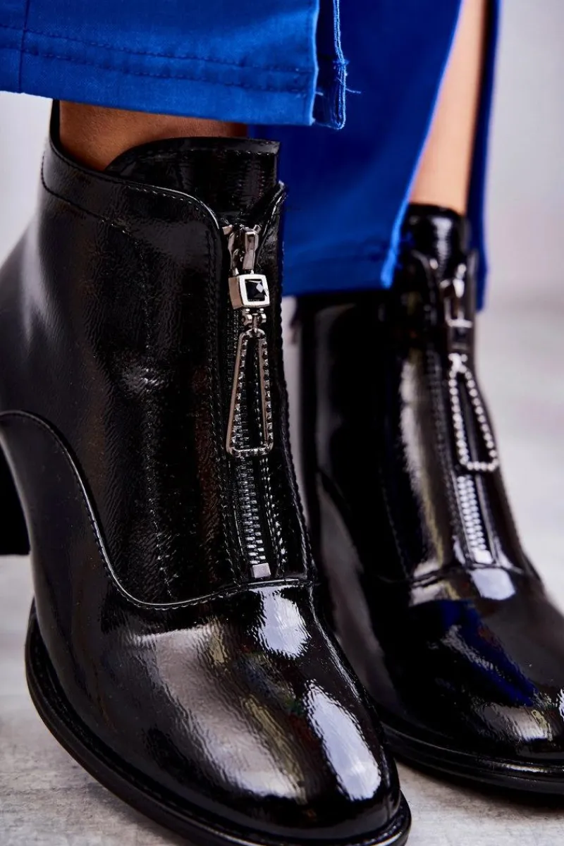 Damskie Lakierowane Botki Z Suwakami Czarne Cristel Damskie Botki Na Słupku|Czarne Botki