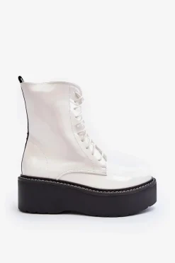 New Boto Damskie Lakierowane Botki Na Grubej Podeszwie Białe Movana