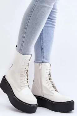 New Boto Damskie Lakierowane Botki Na Grubej Podeszwie Białe Movana