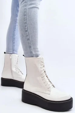 New Boto Damskie Lakierowane Botki Na Grubej Podeszwie Białe Movana