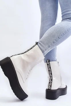 New Boto Damskie Lakierowane Botki Na Grubej Podeszwie Białe Movana