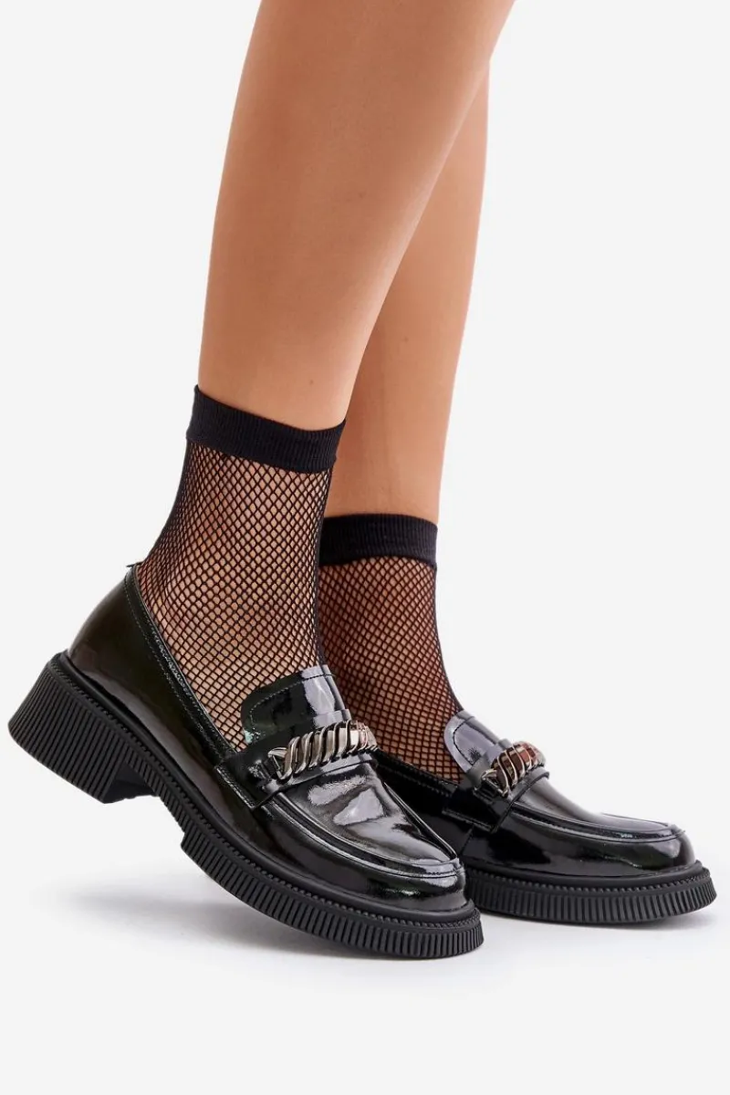 Hot Damskie buty S.Barski Damskie Lakierowane Mokasyny Loafersy Z Ozdobą D&A LZ42-030 Czarne