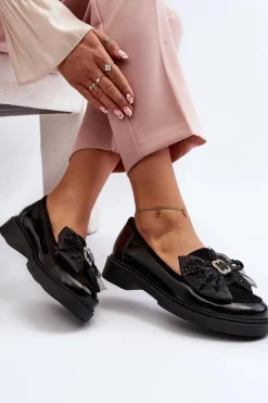 Online Damskie Lakierowane Mokasyny Z Kokardą 2786 Czarne Damskie Loafersy Damskie|Mokasyny Płaskie