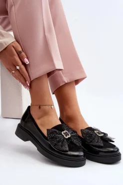Online Damskie Lakierowane Mokasyny Z Kokardą 2786 Czarne Damskie Loafersy Damskie|Mokasyny Płaskie