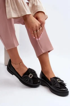 Online Damskie Lakierowane Mokasyny Z Kokardą 2786 Czarne Damskie Loafersy Damskie|Mokasyny Płaskie