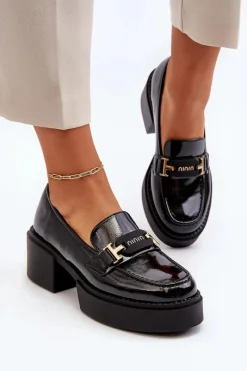 Discount Buty damskie Vinceza Damskie Lakierowane Mokasyny Na Masywnym Obcasie Czarne Ridulvi