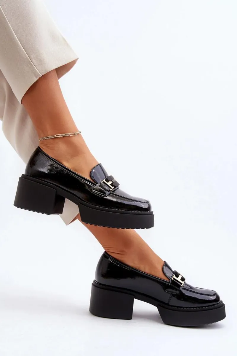 Discount Buty damskie Vinceza Damskie Lakierowane Mokasyny Na Masywnym Obcasie Czarne Ridulvi