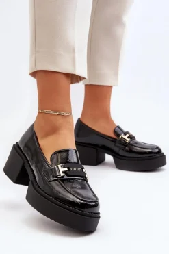 Discount Buty damskie Vinceza Damskie Lakierowane Mokasyny Na Masywnym Obcasie Czarne Ridulvi