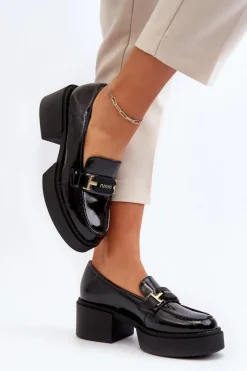 Discount Buty damskie Vinceza Damskie Lakierowane Mokasyny Na Masywnym Obcasie Czarne Ridulvi