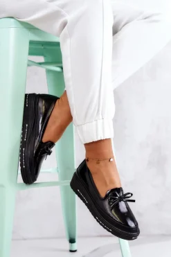 New Damskie Lakierowane Mokasyny Na Koturnie Czarne Frilly Damskie Mokasyny Damskie Lakierowane