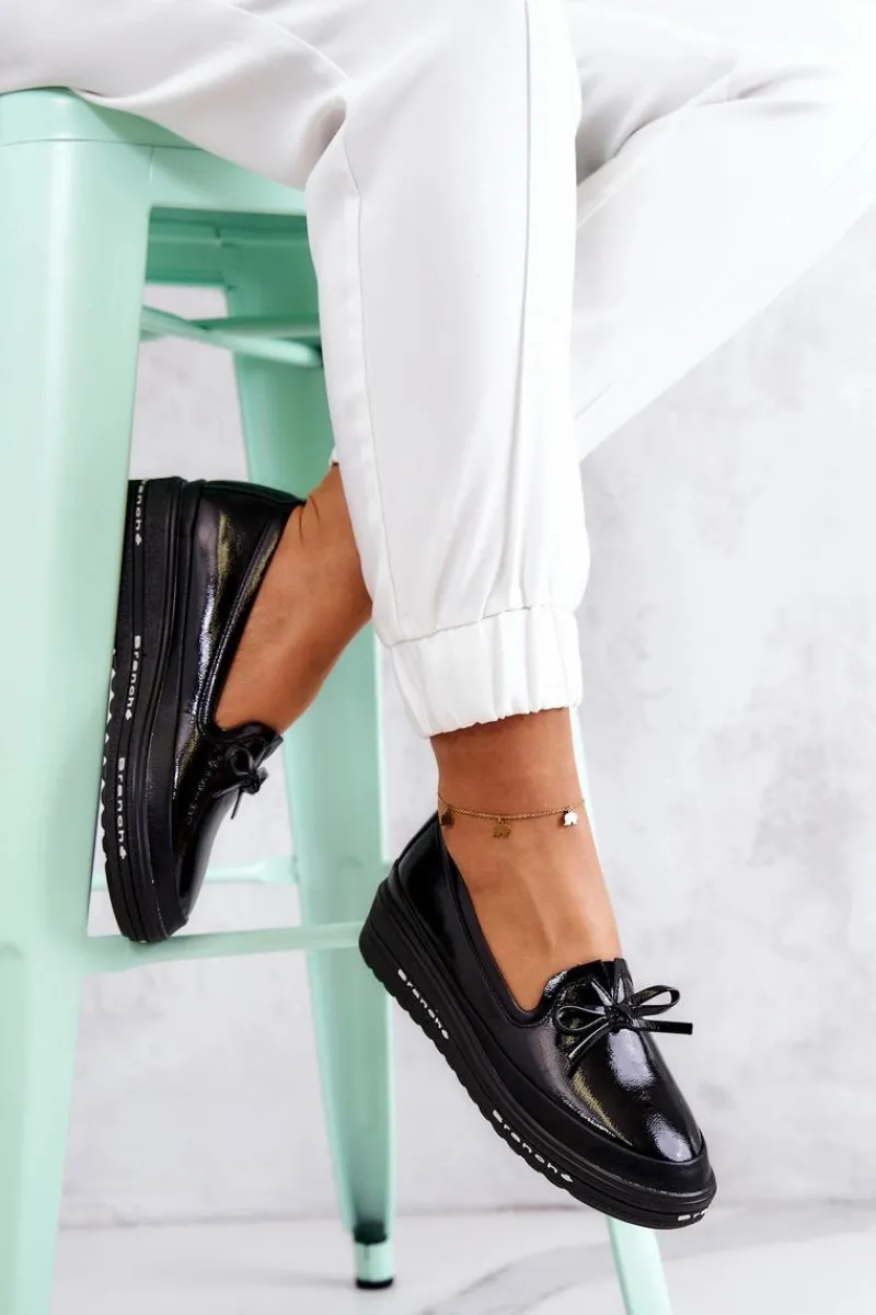 New Damskie Lakierowane Mokasyny Na Koturnie Czarne Frilly Damskie Mokasyny Damskie Lakierowane