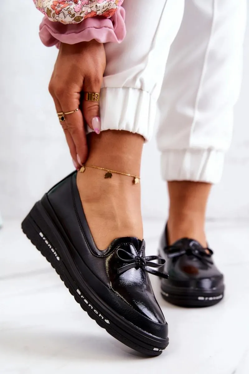 New Damskie Lakierowane Mokasyny Na Koturnie Czarne Frilly Damskie Mokasyny Damskie Lakierowane