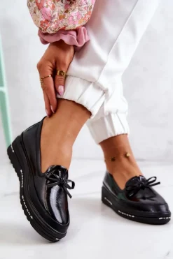 New Damskie Lakierowane Mokasyny Na Koturnie Czarne Frilly Damskie Mokasyny Damskie Lakierowane