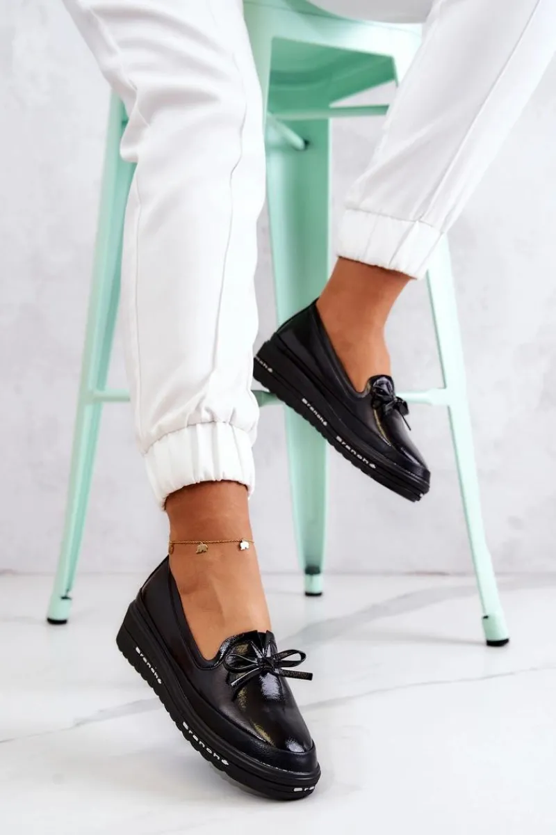 New Damskie Lakierowane Mokasyny Na Koturnie Czarne Frilly Damskie Mokasyny Damskie Lakierowane