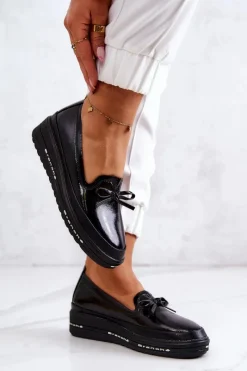 New Damskie Lakierowane Mokasyny Na Koturnie Czarne Frilly Damskie Mokasyny Damskie Lakierowane