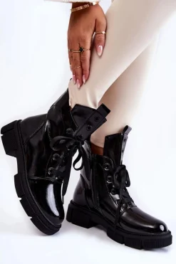 Best Damskie Lakierowane Ocieplane Botki Workery Czarne Efemia Damskie Botki Sznurowane|Czarne Botki