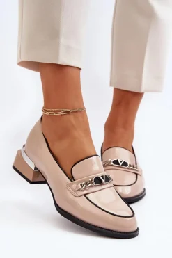 New Damskie Lakierowane Półbuty Na Niskim Obcasie Beżowe Albreide Damskie Półbuty Lakierowane|Półbuty Skórzane