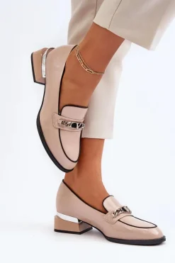 New Damskie Lakierowane Półbuty Na Niskim Obcasie Beżowe Albreide Damskie Półbuty Lakierowane|Półbuty Skórzane