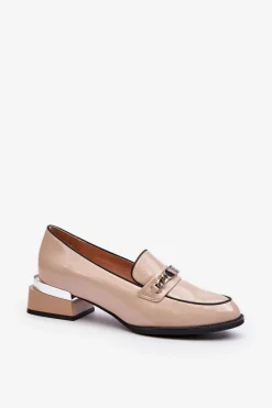 New Damskie Lakierowane Półbuty Na Niskim Obcasie Beżowe Albreide Damskie Półbuty Lakierowane|Półbuty Skórzane