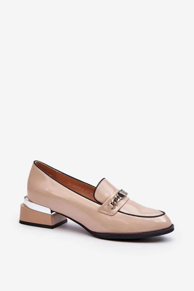 New Damskie Lakierowane Półbuty Na Niskim Obcasie Beżowe Albreide Damskie Półbuty Lakierowane|Półbuty Skórzane