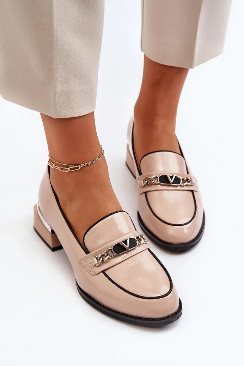 New Damskie Lakierowane Półbuty Na Niskim Obcasie Beżowe Albreide Damskie Półbuty Lakierowane|Półbuty Skórzane