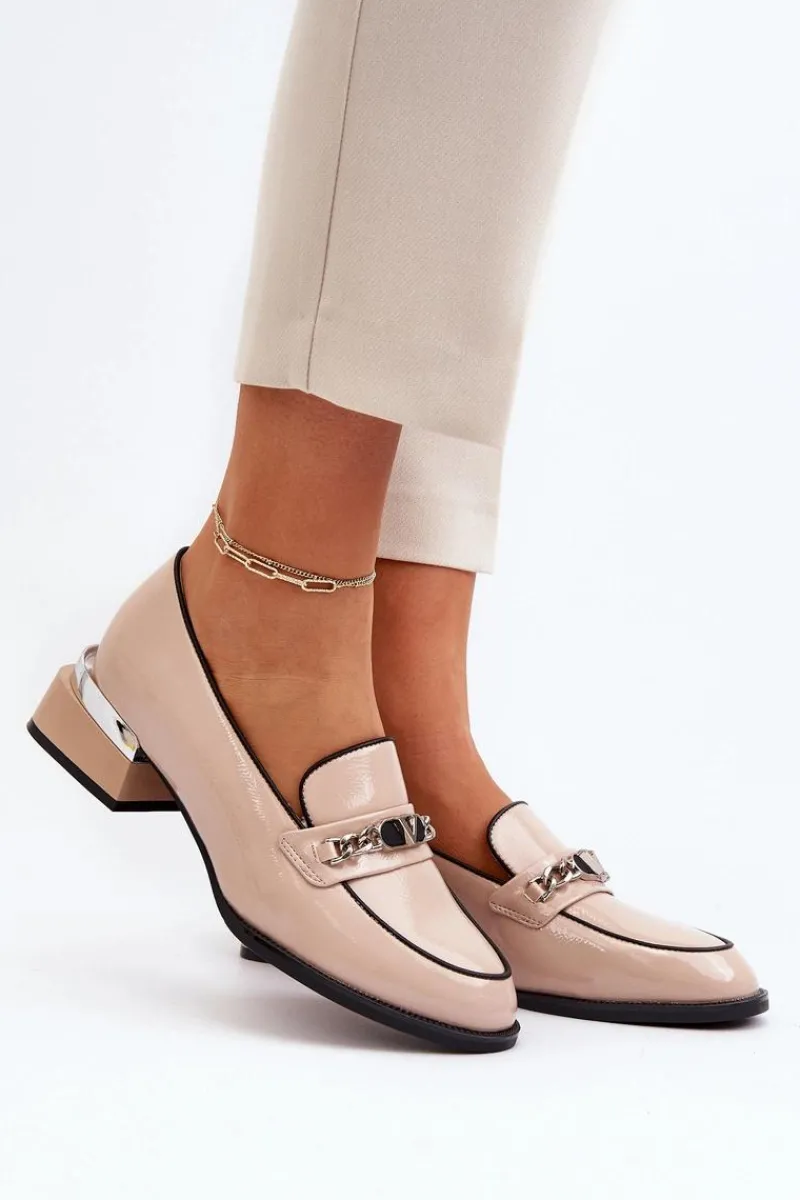 New Damskie Lakierowane Półbuty Na Niskim Obcasie Beżowe Albreide Damskie Półbuty Lakierowane|Półbuty Skórzane