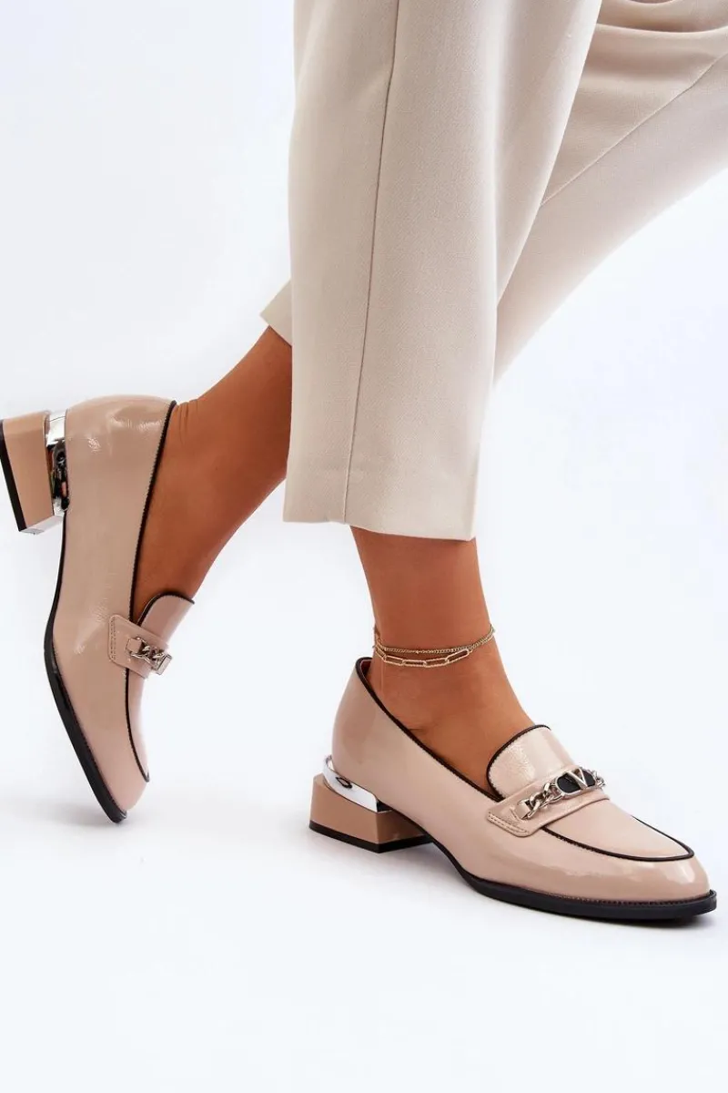 New Damskie Lakierowane Półbuty Na Niskim Obcasie Beżowe Albreide Damskie Półbuty Lakierowane|Półbuty Skórzane