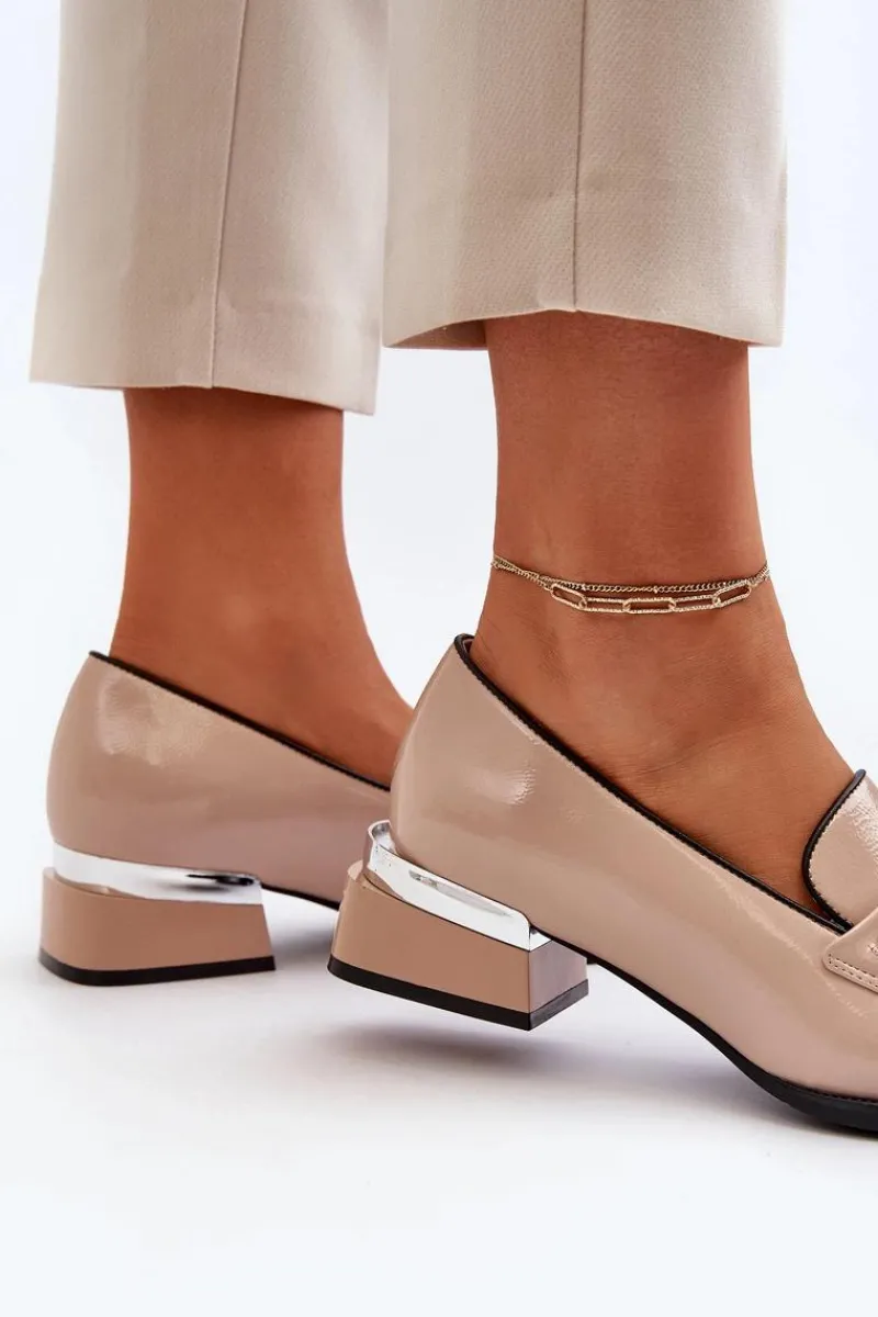 New Damskie Lakierowane Półbuty Na Niskim Obcasie Beżowe Albreide Damskie Półbuty Lakierowane|Półbuty Skórzane