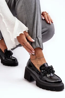 New Damskie Lakierowane Półbuty Z Ozdobą Czarne Renesma Damskie Mokasyny Damskie Lakierowane