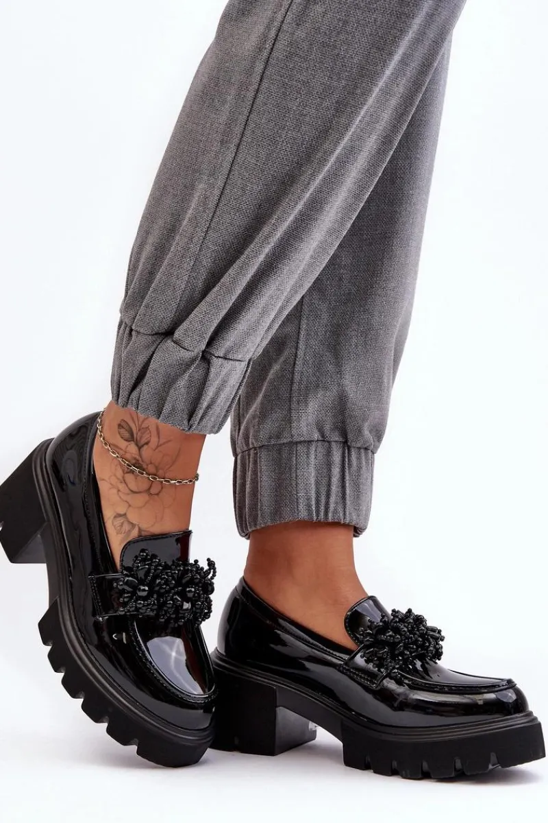 New Damskie Lakierowane Półbuty Z Ozdobą Czarne Renesma Damskie Mokasyny Damskie Lakierowane