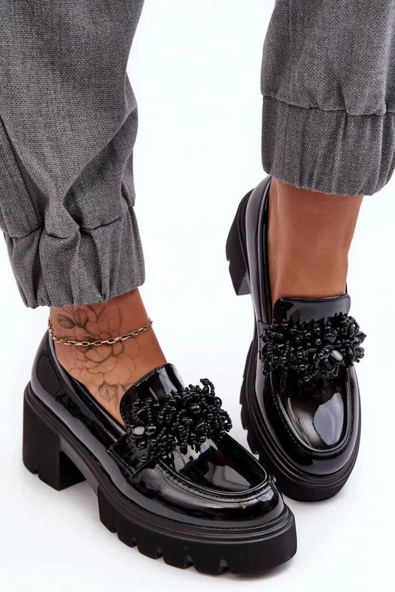 New Damskie Lakierowane Półbuty Z Ozdobą Czarne Renesma Damskie Mokasyny Damskie Lakierowane